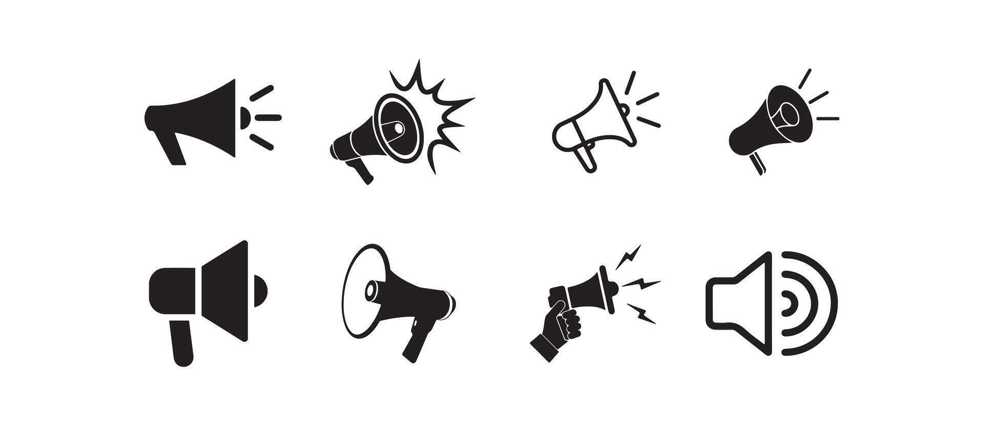 Megaphone Icons Collection - Various Black and White Designs with Sound Waves, Hand-Held, and Burst Effects for Announcement and Alert Graphics vector