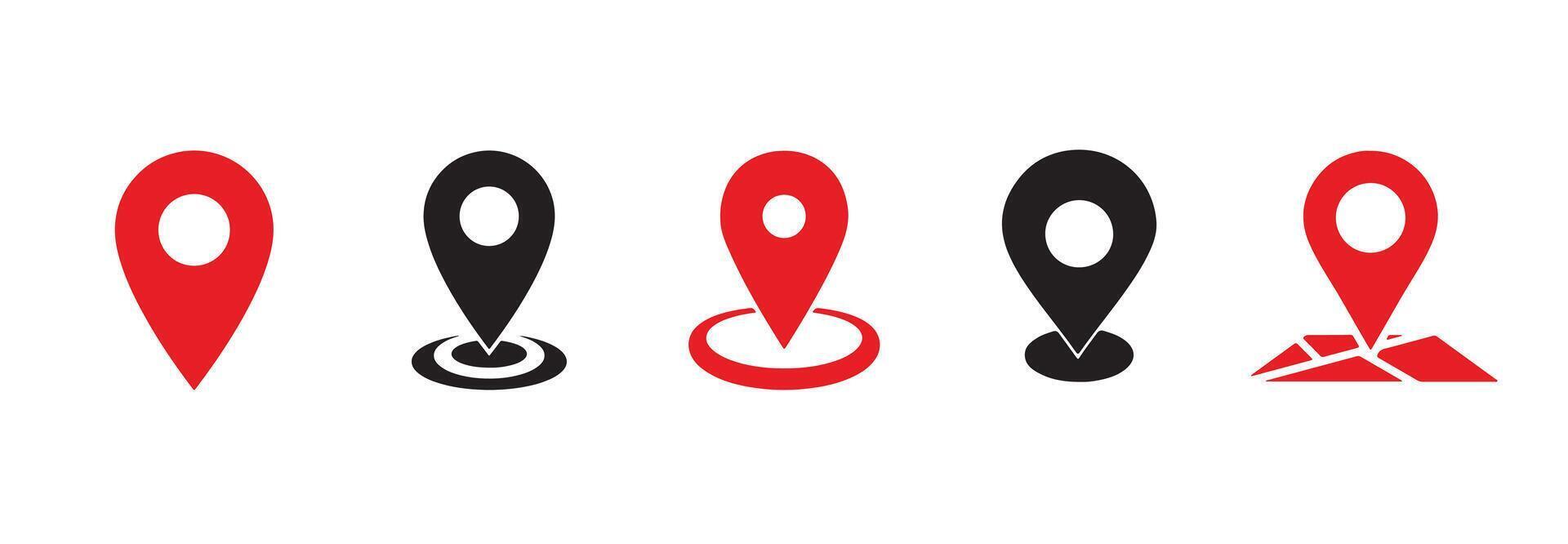 Location pin icons set in red and black for gps map markers, navigation, travel direction and digital designs vector