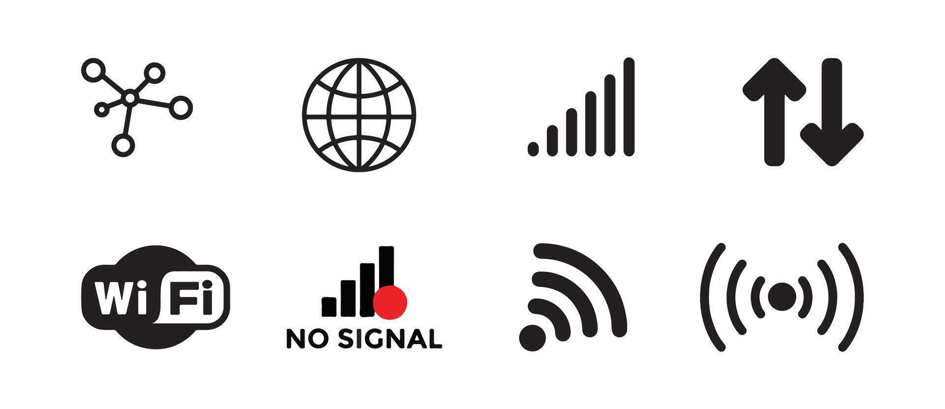 Internet connection and network signal icon set with WiFi, mobile data, globe, and upload download symbols ideal for modern technology design vector