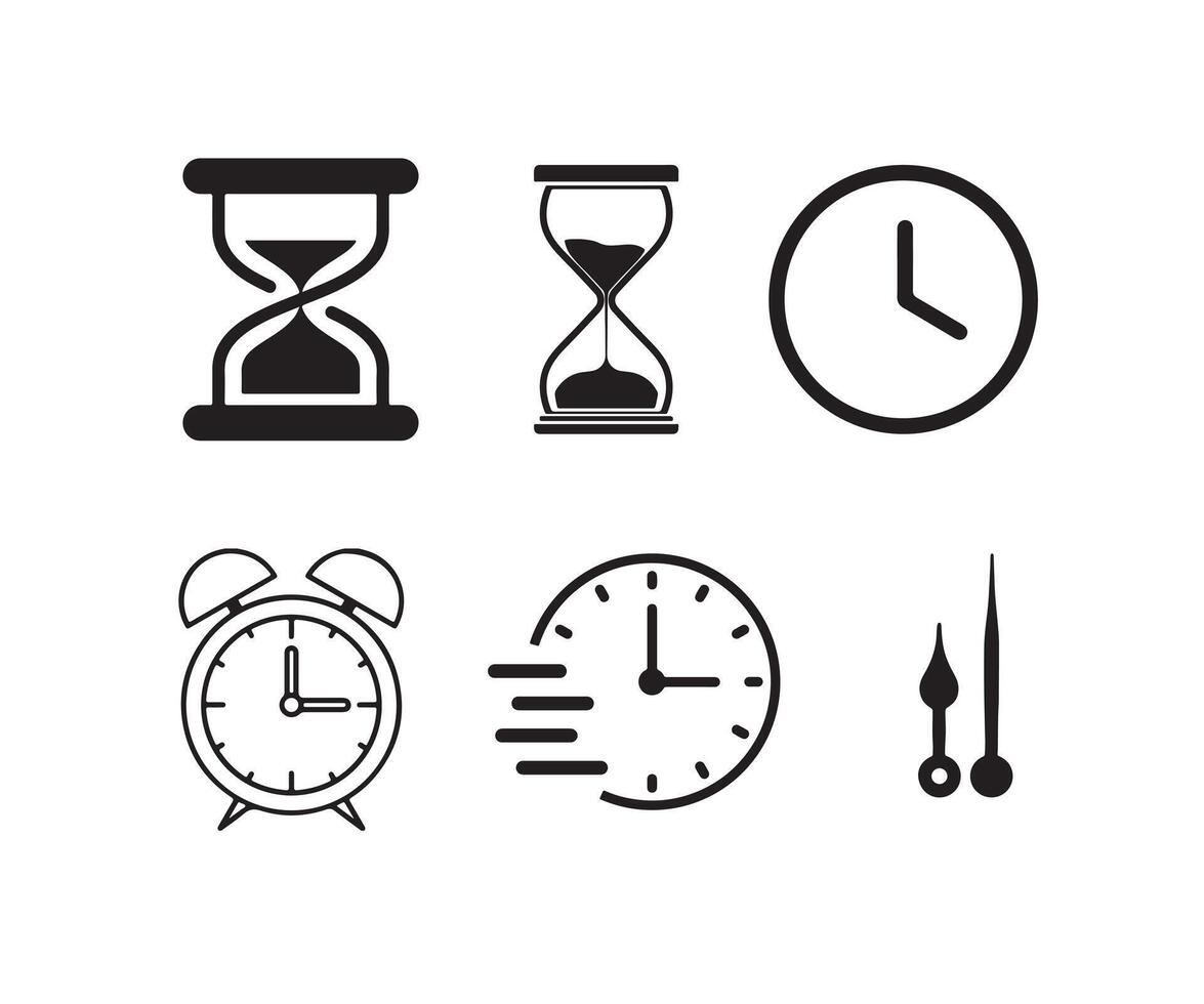 Time and clock icons set with hourglass, alarm clock, wall clock, stopwatch and watch hands symbols in black design vector