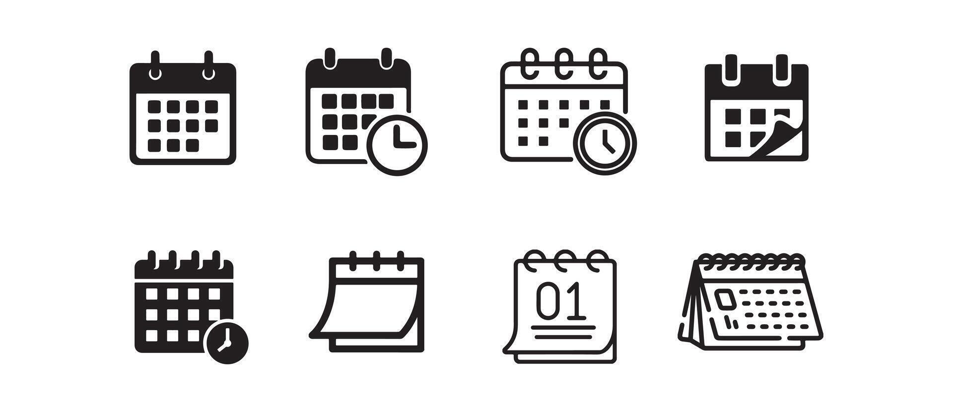 Calendar and schedule icons set with date, time, reminder and planner symbols in black outline and solid design vector
