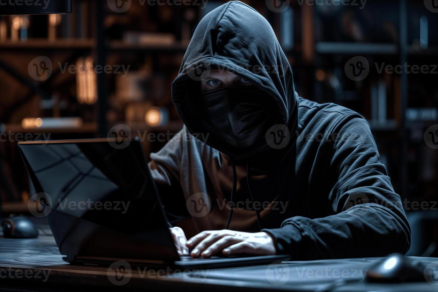 Anonymous figure in a hoodie and mask using a computer, concept for cyber security or hacking photo