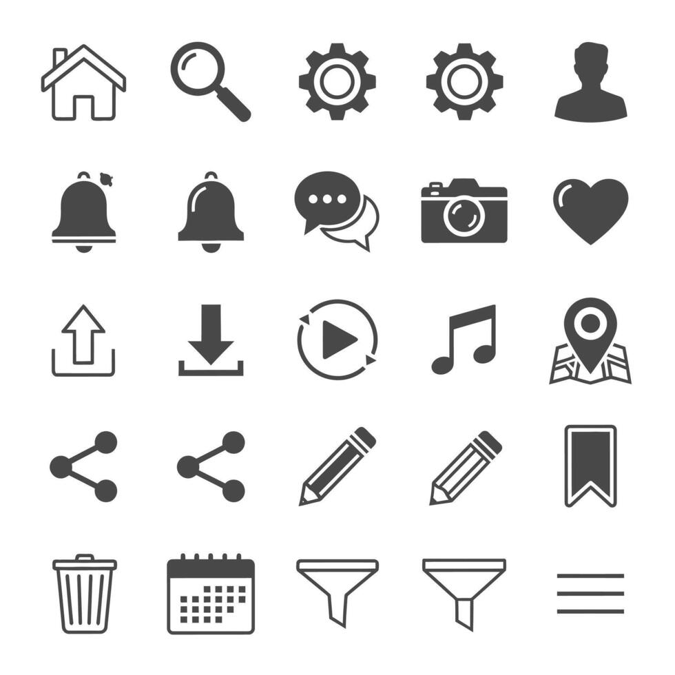 Collection of 30 Sleek, Modern UI Interface Icons for Website and App Design, Featuring Notifications, Sharing, and Editing Tools vector