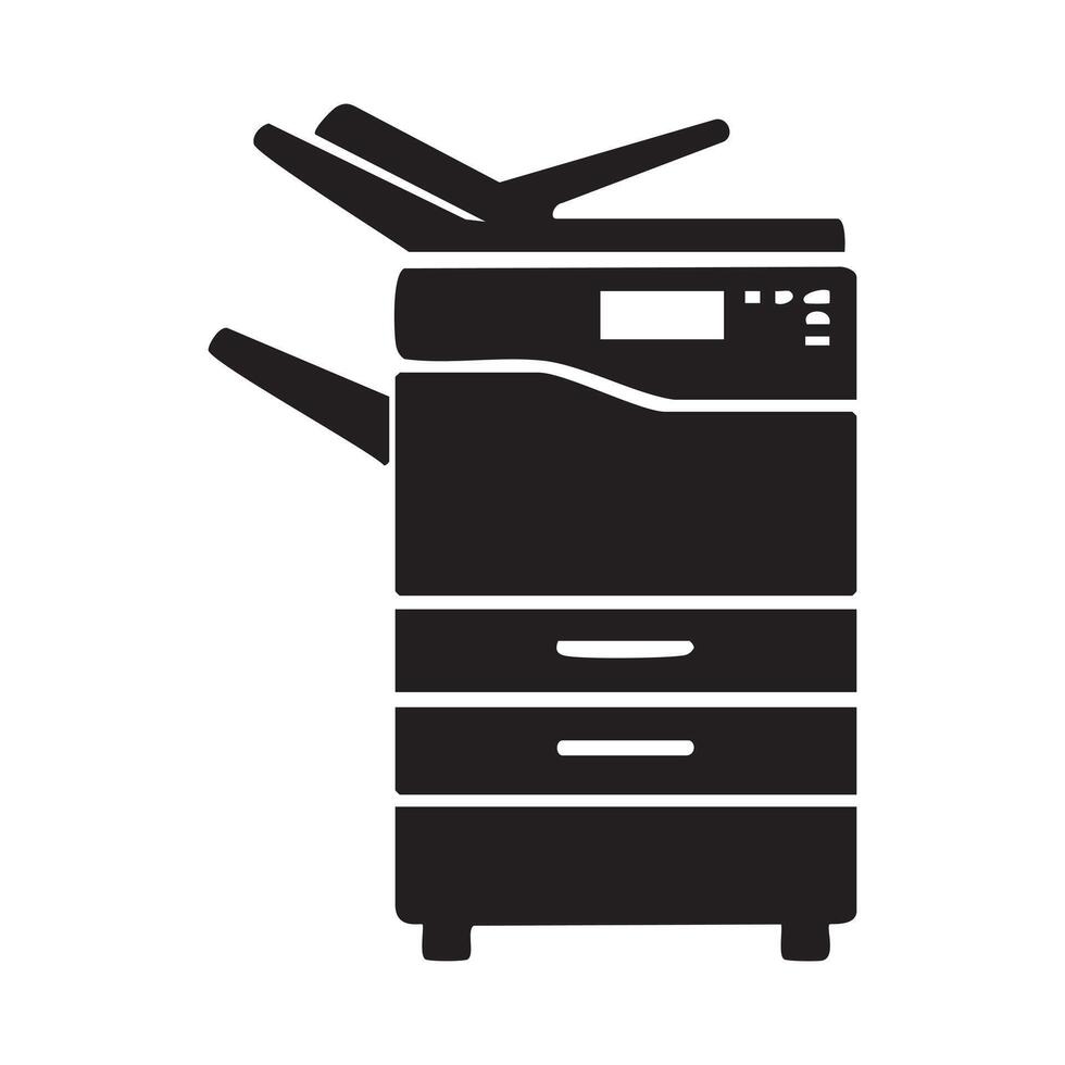 Silhouette of a Multifunctional Office Printer Standing Tall with Paper Trays and Document Feeder for High Volume Copying vector