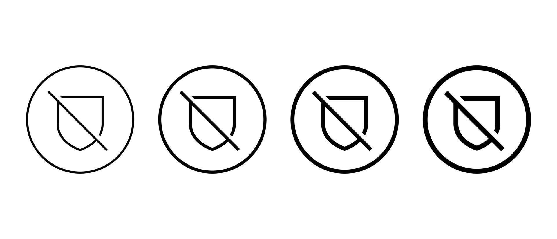 Shield with slash line icon in circular outline. No protection symbol. Unsecure sign vector