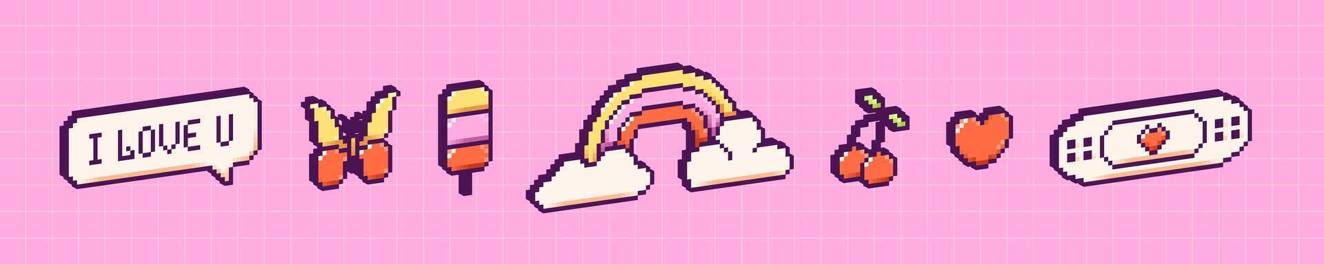 Y2K pixel UI 3d elements. Rainbow, butterfly, cherries, ice cream, heart and speech bubble. vector