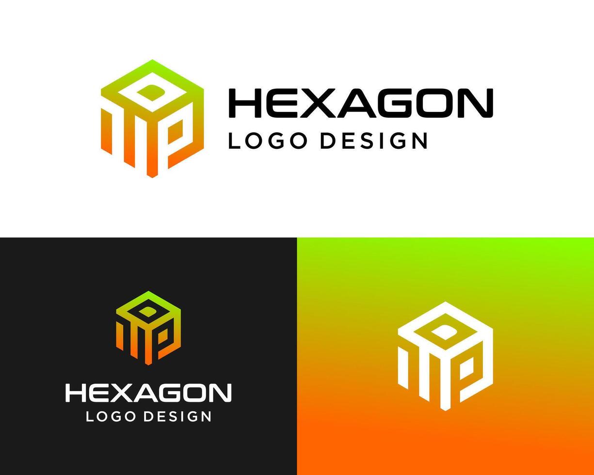 Hexagon Logo Design with 3D Cube and MP Letters vector