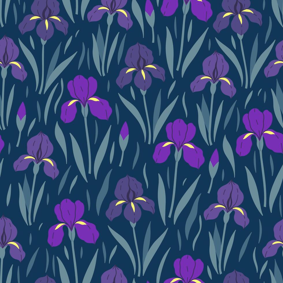 Seamless pattern with iris flowers on a dark blue background. graphics. vector