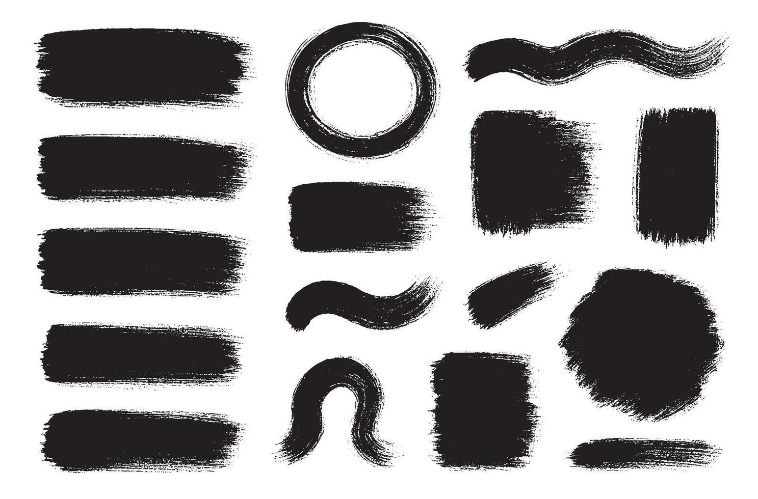 High-resolution black paint brush stroke set featuring grunge ink textures, abstract strokes, circles, rectangles, and artistic paint shapes. Perfect for digital design, backgrounds, and creativity. vector