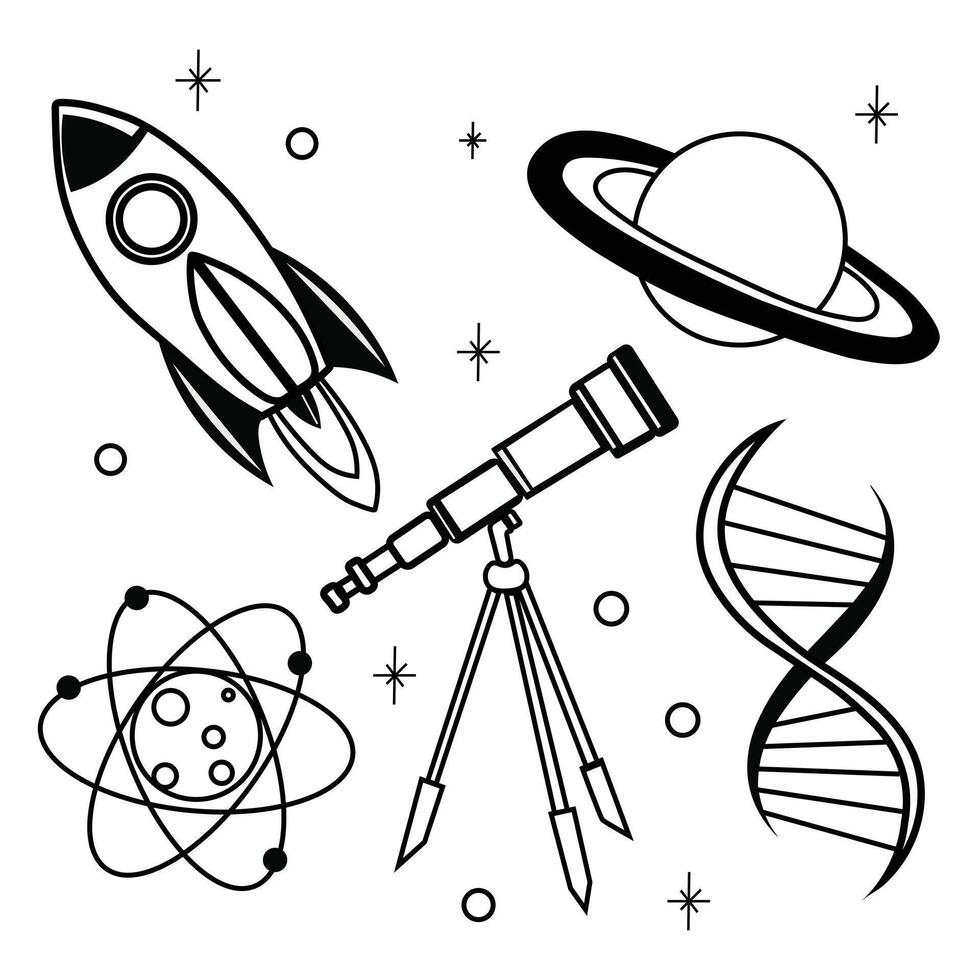 Space exploration rocket telescope dna atom planet science icons for educational and creative projects vector