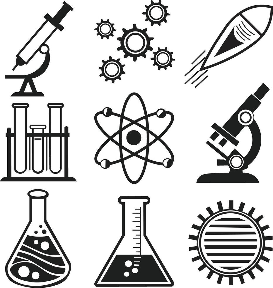 Collection of science and technology icons including microscopes lab beakers and atomic structure vector
