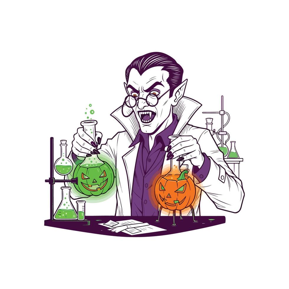 A scientist with fangs doing experiments with pumpkin shaped flasks halloween theme tshirt design vector