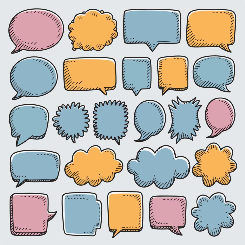 Collection of hand drawn speech bubbles in various shapes and colors doodles style icon set vector