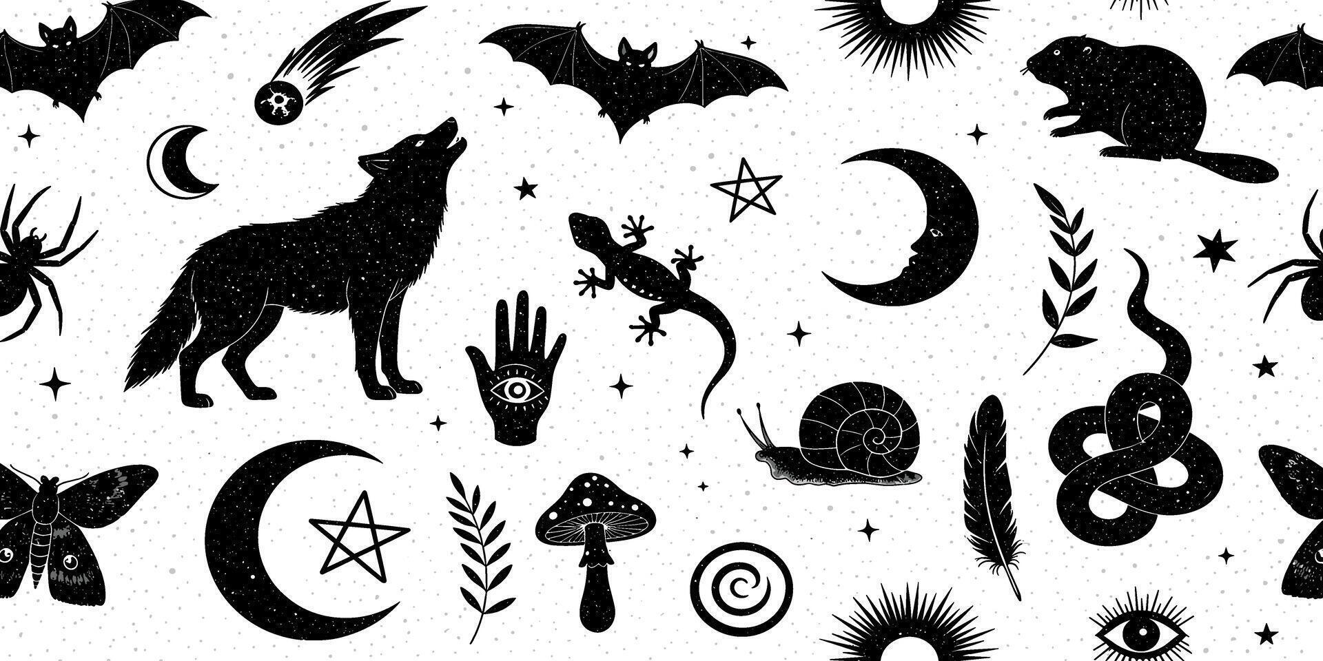Mystical Creatures and Celestial Symbols Seamless Pattern vector