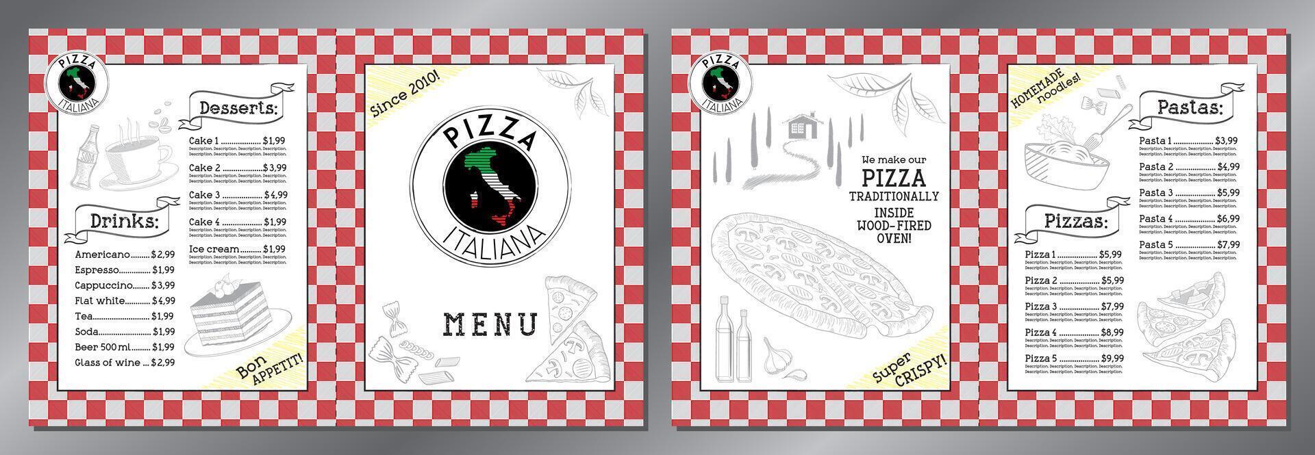 Italian Pizza and Pasta Menu Card with Checker Red and White Background vector