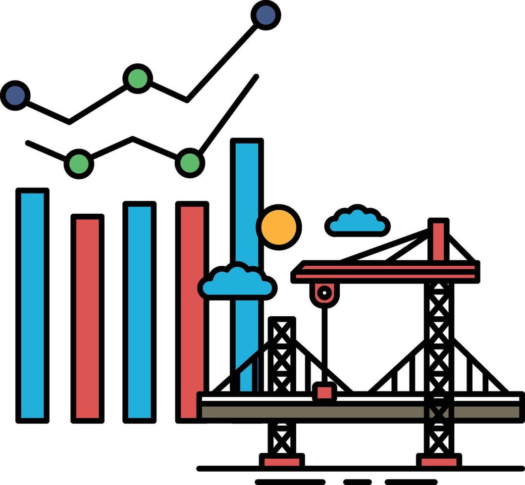 A graph with a line going down and a bridge in the background vector
