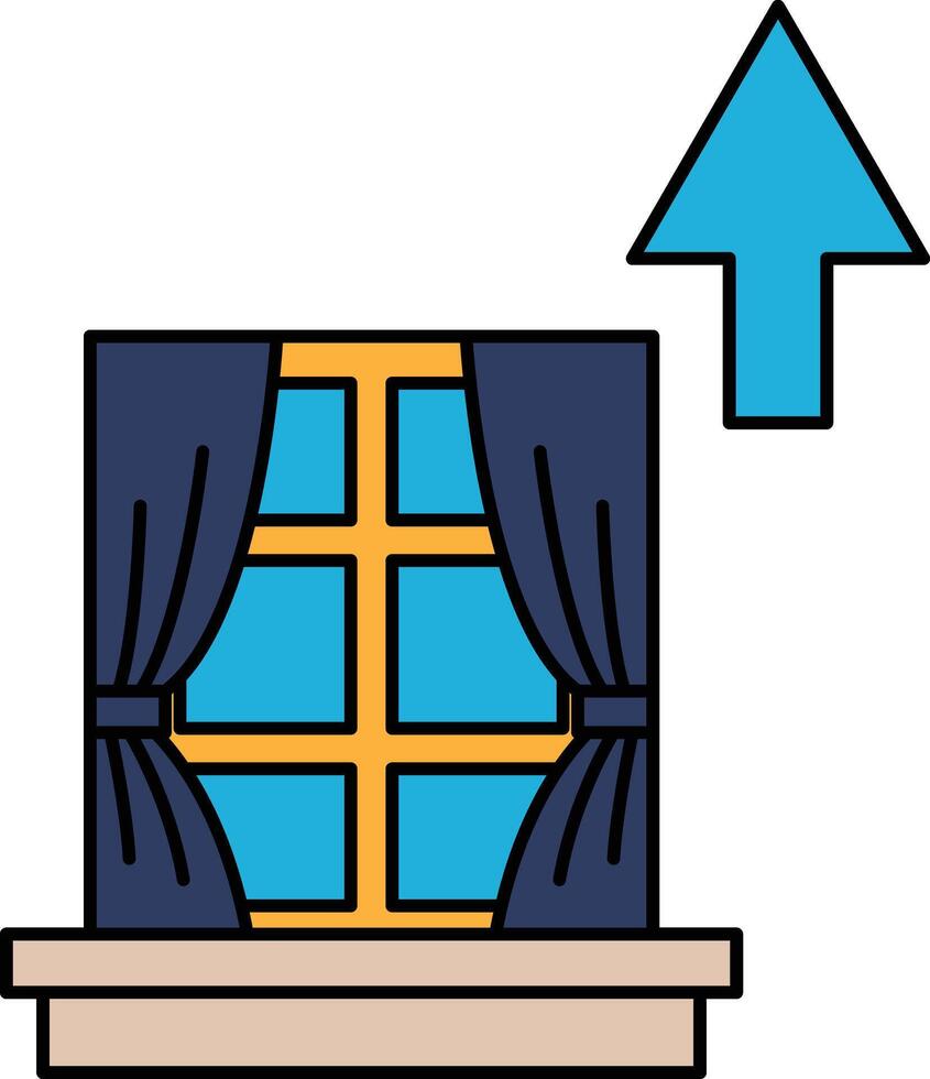 A window with a curtain is shown with a line going up vector