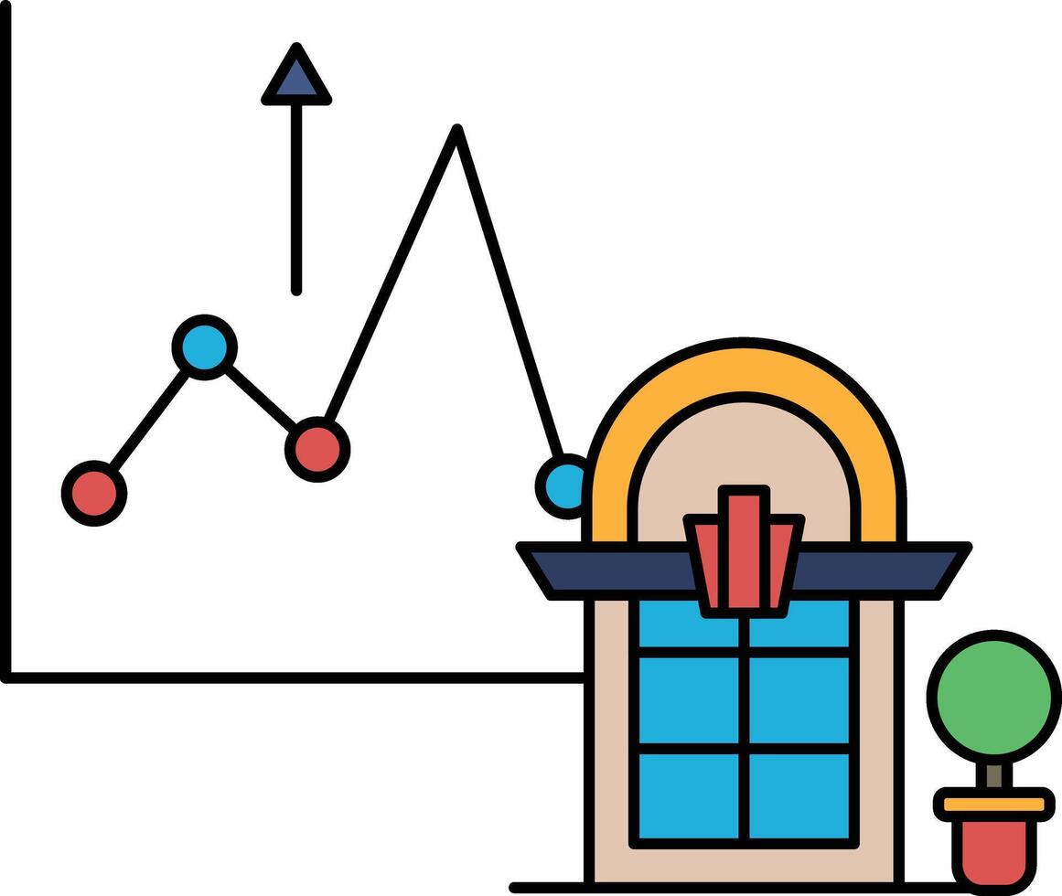 un grafico con un línea yendo arriba y un edificio con un reloj en eso vector
