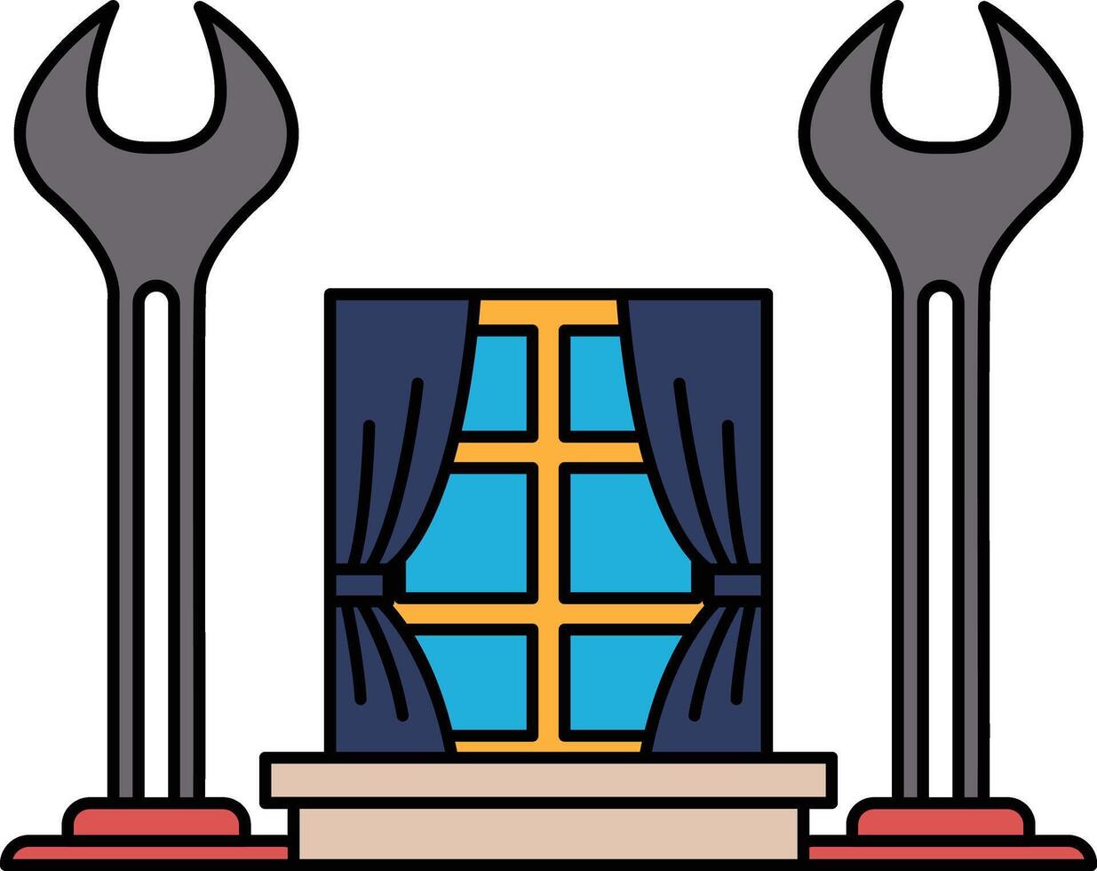 A black and white drawing of a window with a pair of wrenches on either side vector