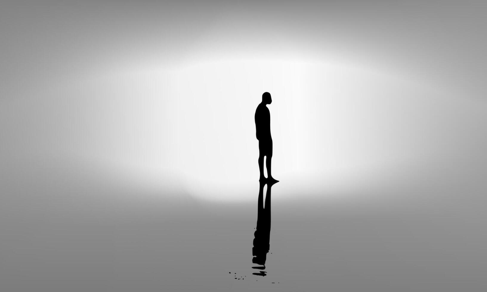 Silhouette of a lone man standing with reflection on water in abstract light background conveys themes of solitude, reflection, sadness, introspection, or emotional isolation vector