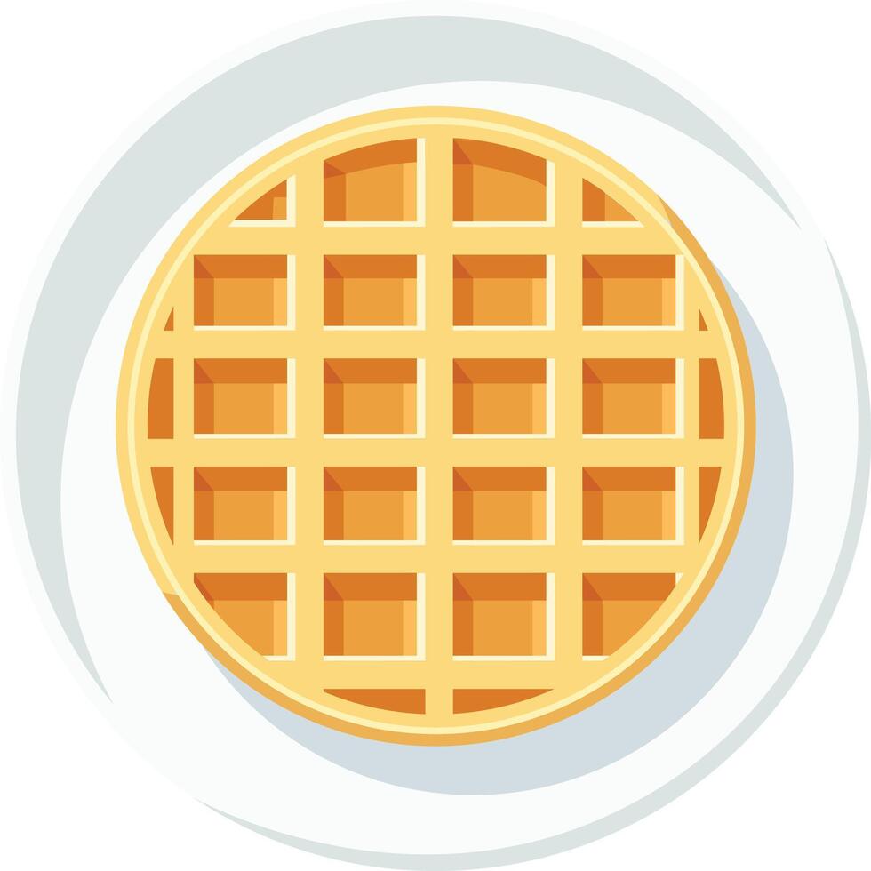 An illustration of a round waffle with a grid pattern, presented on a white plate with a swirling design. vector