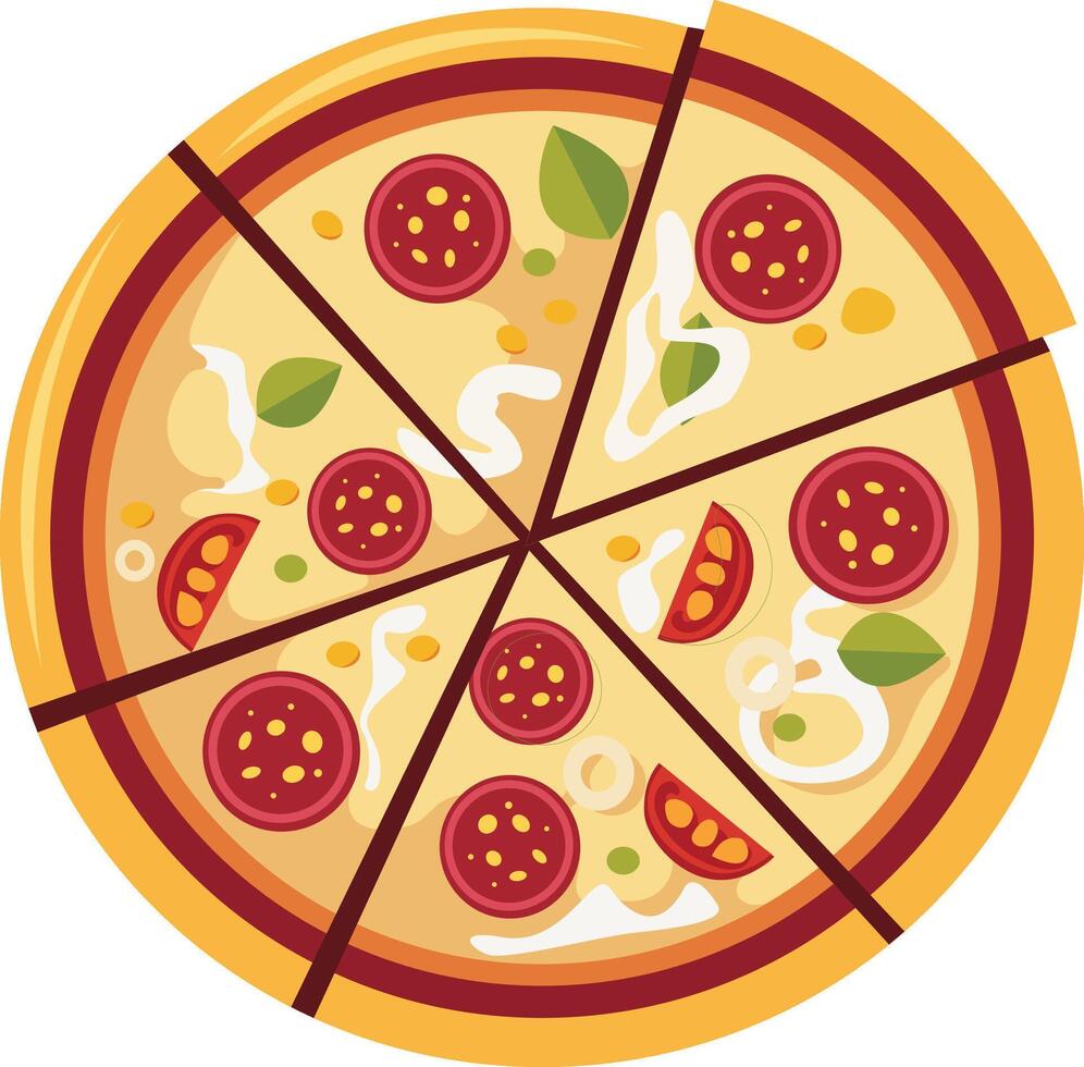 Top-down view of a sliced pepperoni pizza with basil, tomato, and onion toppings, presented on a circular crust. vector