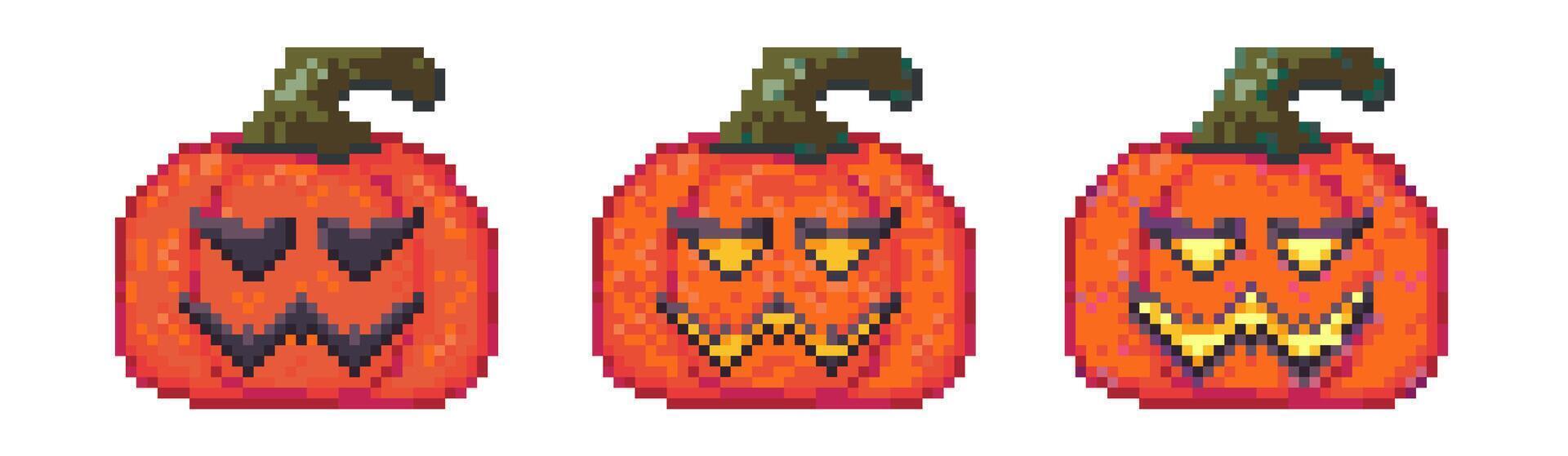 Funny halloween sprite with pixel pumpkin face, retro 8bit game character avatar and smile emoticon, cute arcade animation with kawaii mood and expression, sticker-style gif and storyboard element. vector