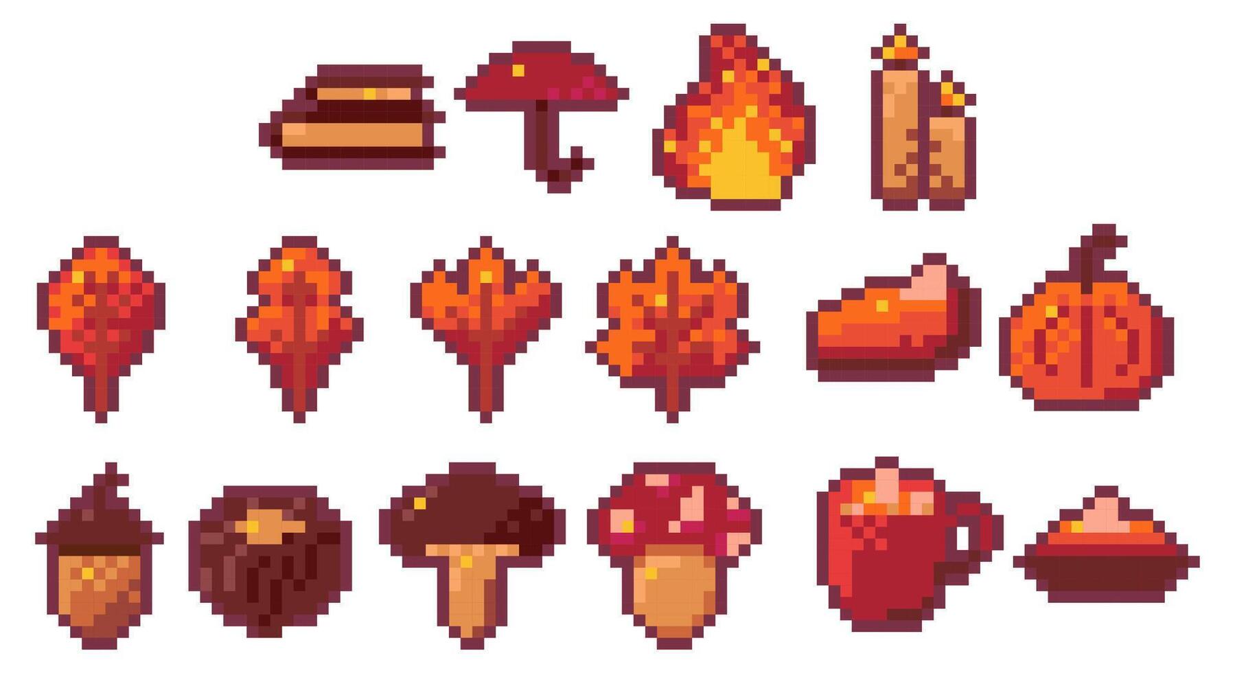 Halloween pixel art pumpkin icon. Arcade game illustration sprite element set with leaves, umbrella, fire and mushroom. Retro autumn mosaic shading bit badge for fall outline. Heat and fiery energy. vector