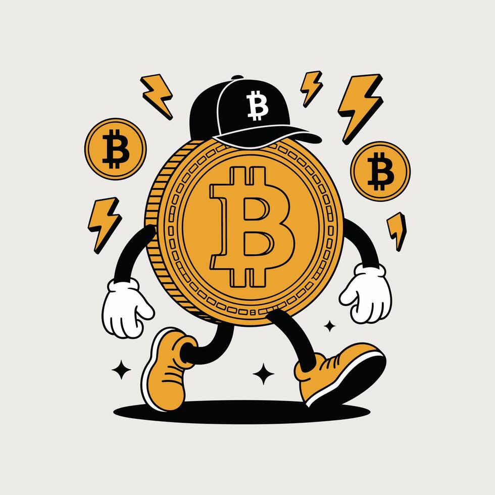 Cartoon Bitcoin Character Walking Wearing Cap and Sneakers Lightning Bolts Keywords bitcoin vector