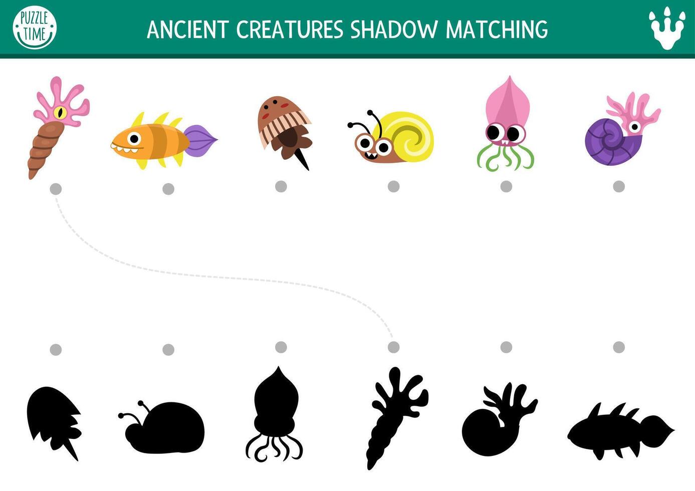Dinosaur shadow matching activity with ancient water animals. Prehistoric puzzle with cute ammonite, fish, squid, seashell. Find correct silhouette printable worksheet or game with funny creatures vector
