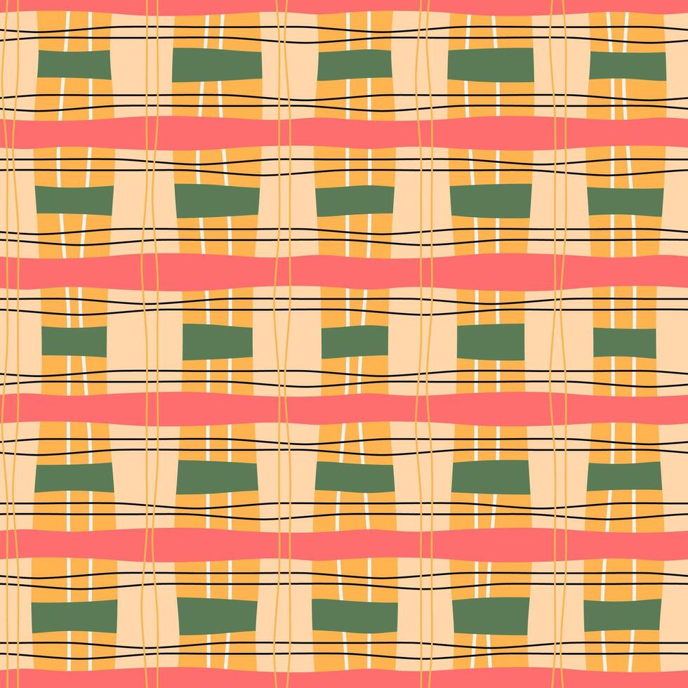 Wavy plaid tartan seamless pattern. Playful abstract checkered background with warped crossed bright yellow, pink, green lines and stripes. Modern retro vibes geometric repeat tile. vector