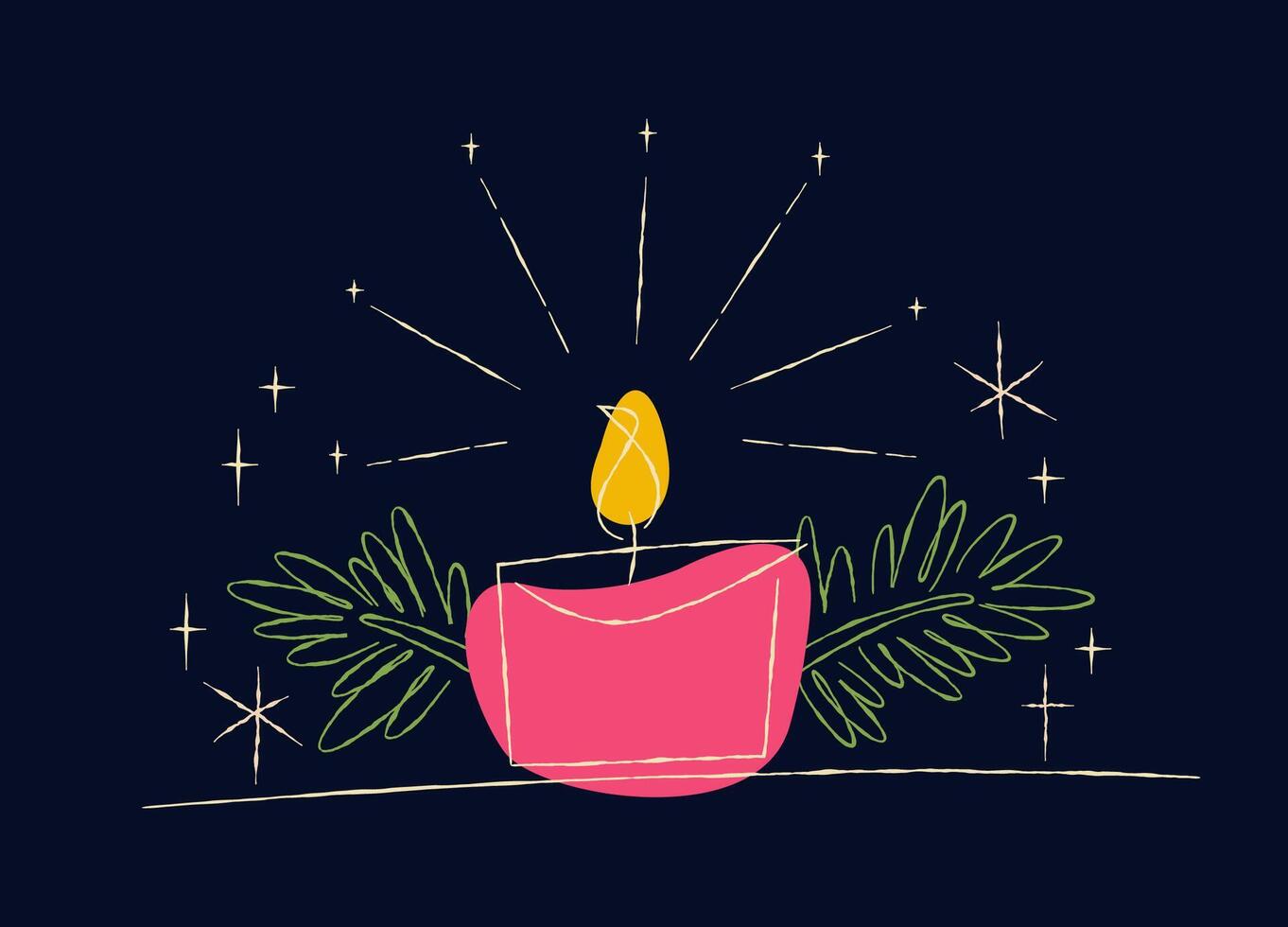 New year celebration theme illustrated in a sketch, retro style. Candle with warm flame surrounded by vibrant greenery and sparkles. Color palette includes dark backgrounds with pink, yellow elements vector