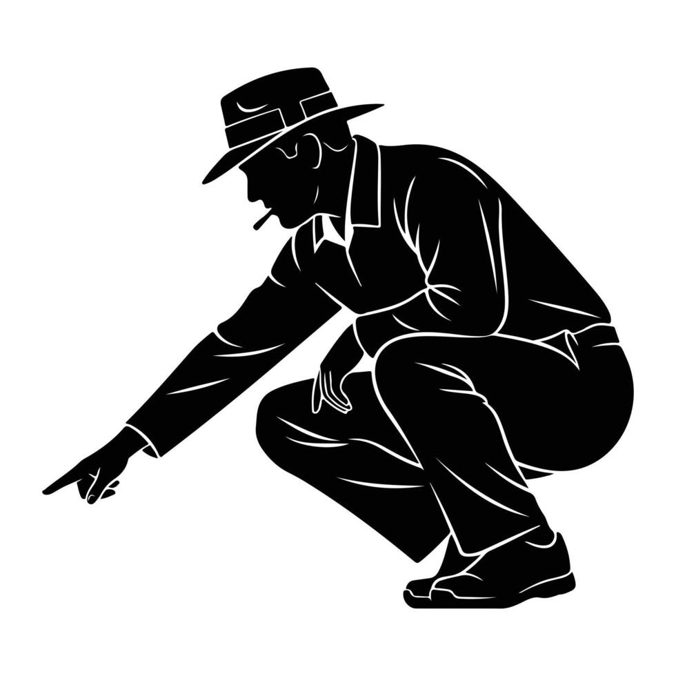 Man in hat pointing with cigarette smoking crouching vector
