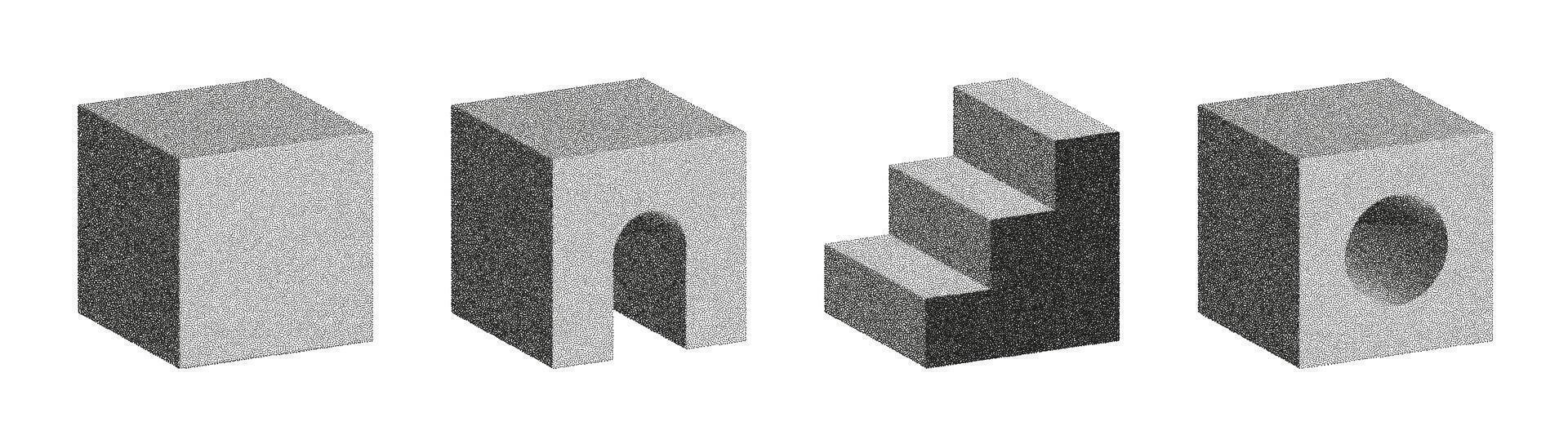 A series of four geometric shapes showcase a light gray tone with varied shading using a stipple technique, emphasizing volume and light interaction against a white background. vector