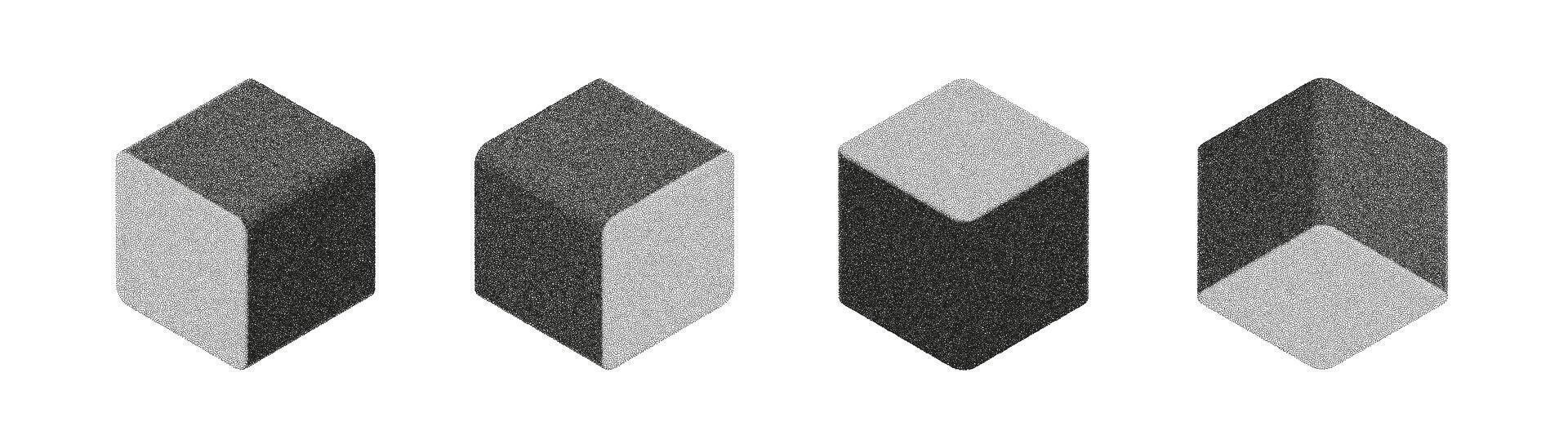Four cubic shapes are arranged in isometric view, each with rounded edges and different light and shadow distributions, presenting a grainy visual style against a white backdrop. vector