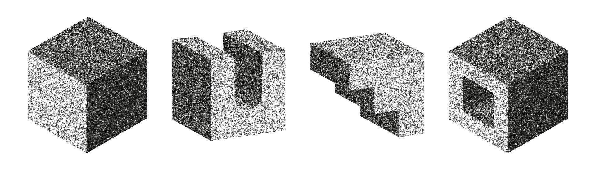 Exploring three-dimensional geometric shapes in a grainy stipple style with light gray tones on a white background vector