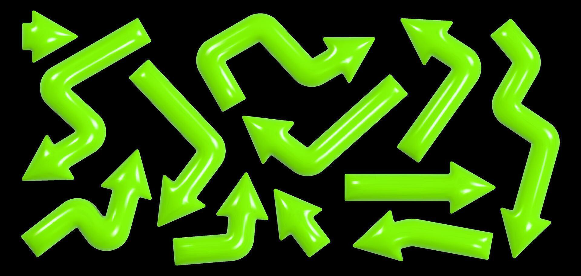 A vibrant collection of glossy three-dimensional arrows showcases different shapes like zigzags, curves, and L-shapes, creating a sense of direction and dynamic movement. vector