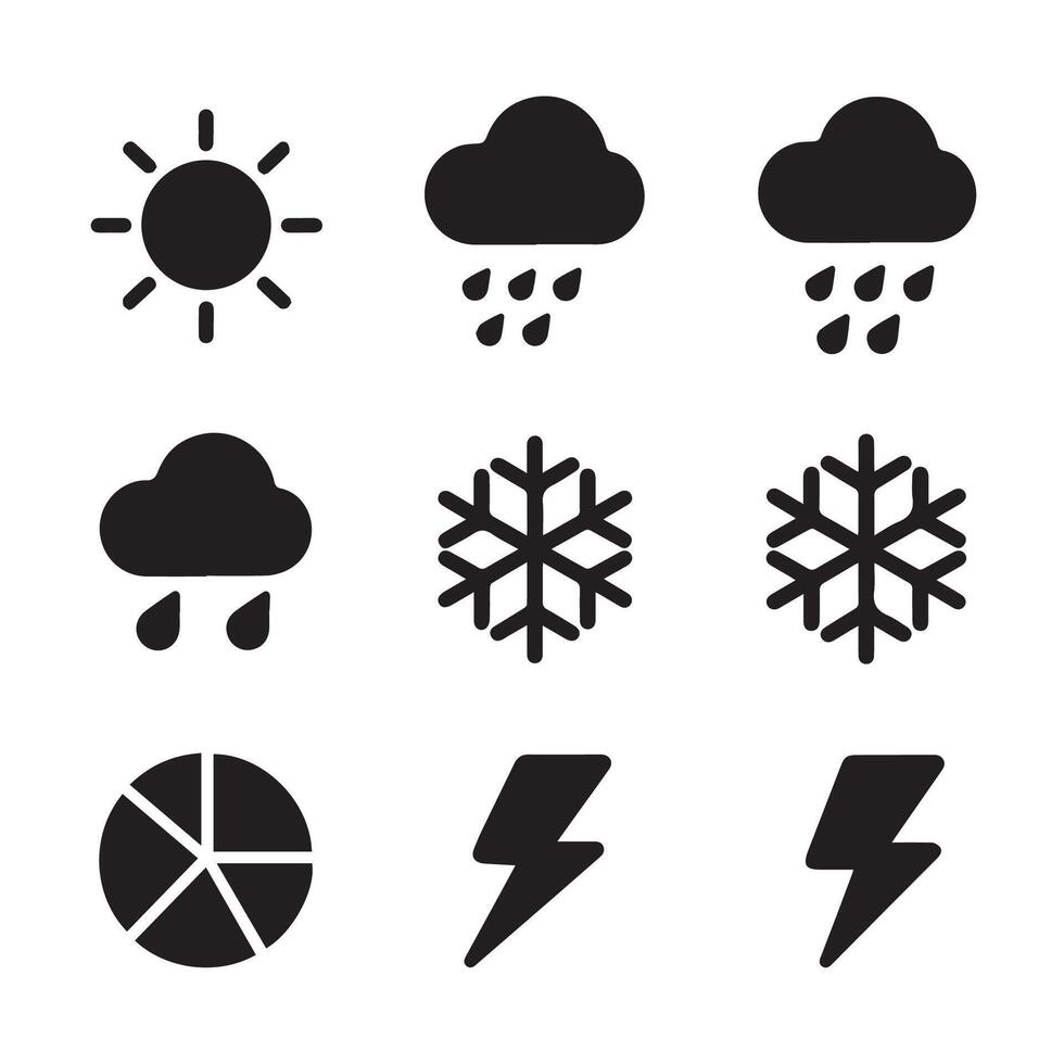 Collection of weather elements in black and white graphics icons set vector