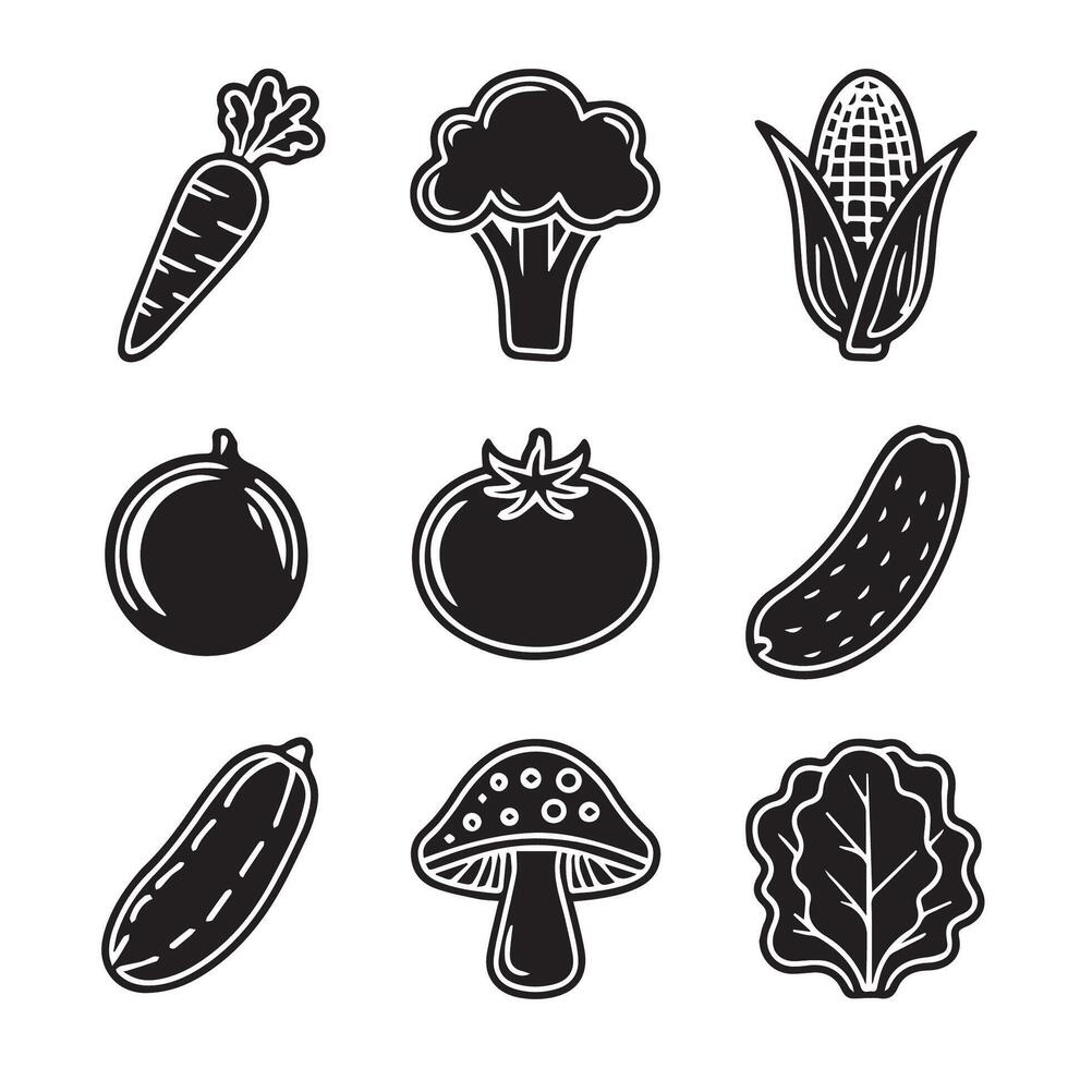 Collection of black and white vegetable graphics in a square format icons set vector