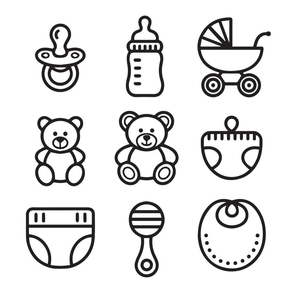 Collection of linear drawings representing baby related elements icons set vector