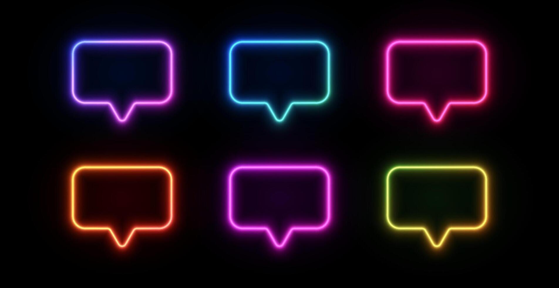 Neon speech bubble sign. Glow chat icons for text and talk. Template led box used in discounts, dialogs or comments. vector