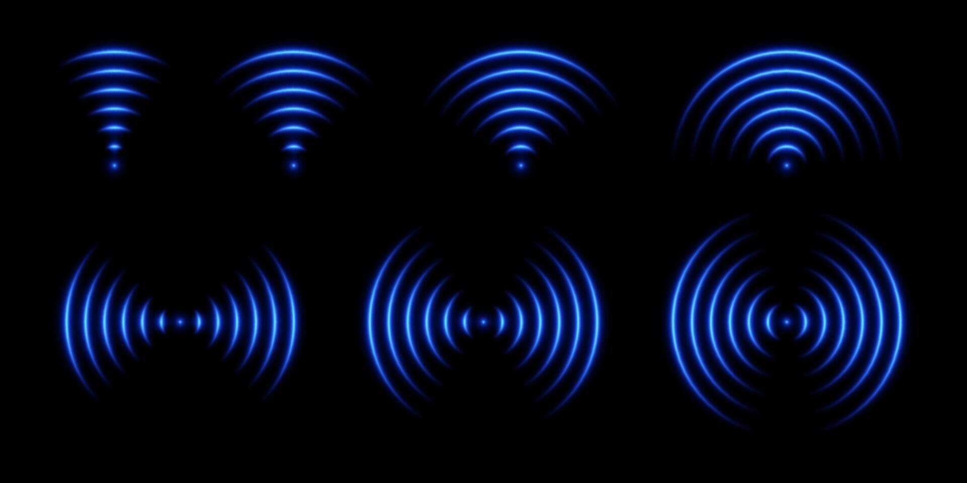 Sound wave light effect. Wifi signal glow. Neon radar sensor. Set with laser abstract elements. vector