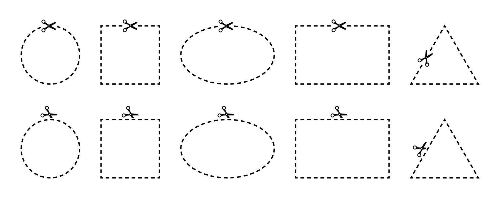 Line cut coupon with scissors. Borders with dashes of round, triangle, and rectangular shapes. Empty dotted frame templates for advertising design. vector