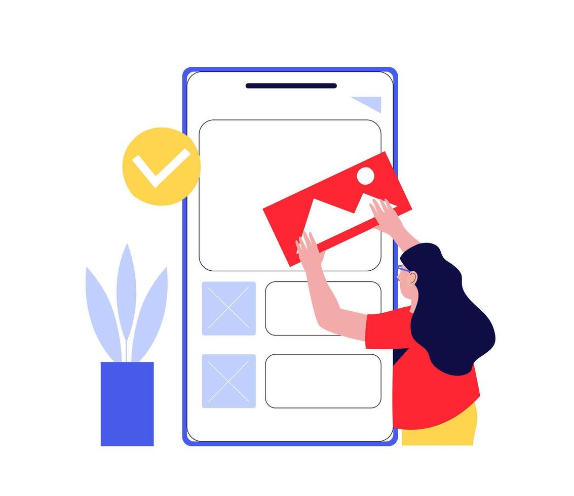 Female web developer adding an image on a mobile phone while developing a website interface with check mark, indicating successful operation and plant symbolizing comfortable working environment vector