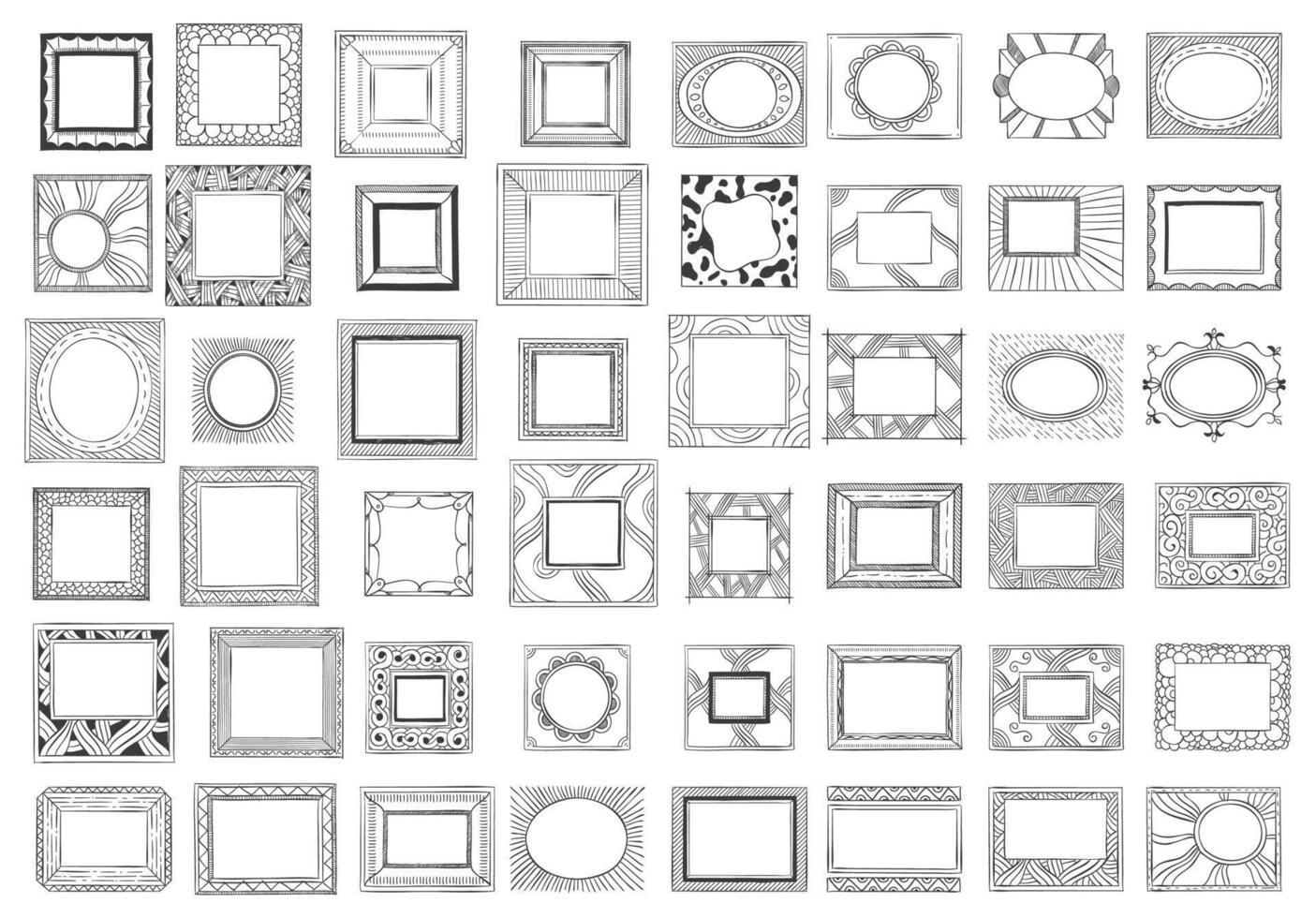 Large set of hand drawn picture frames offers a variety of styles, from simple sketches to ornate doodles, perfect for adding a unique touch to any project vector