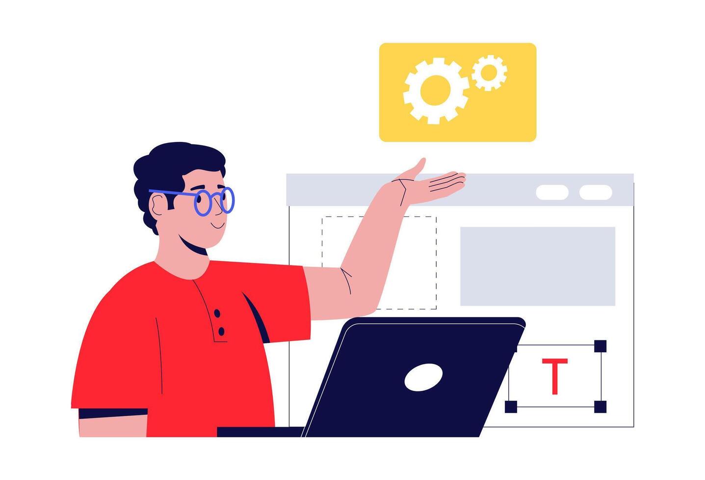 Software developer is working on a web development project using his laptop, managing settings such as gears and text, using a software and pointing at the screen vector