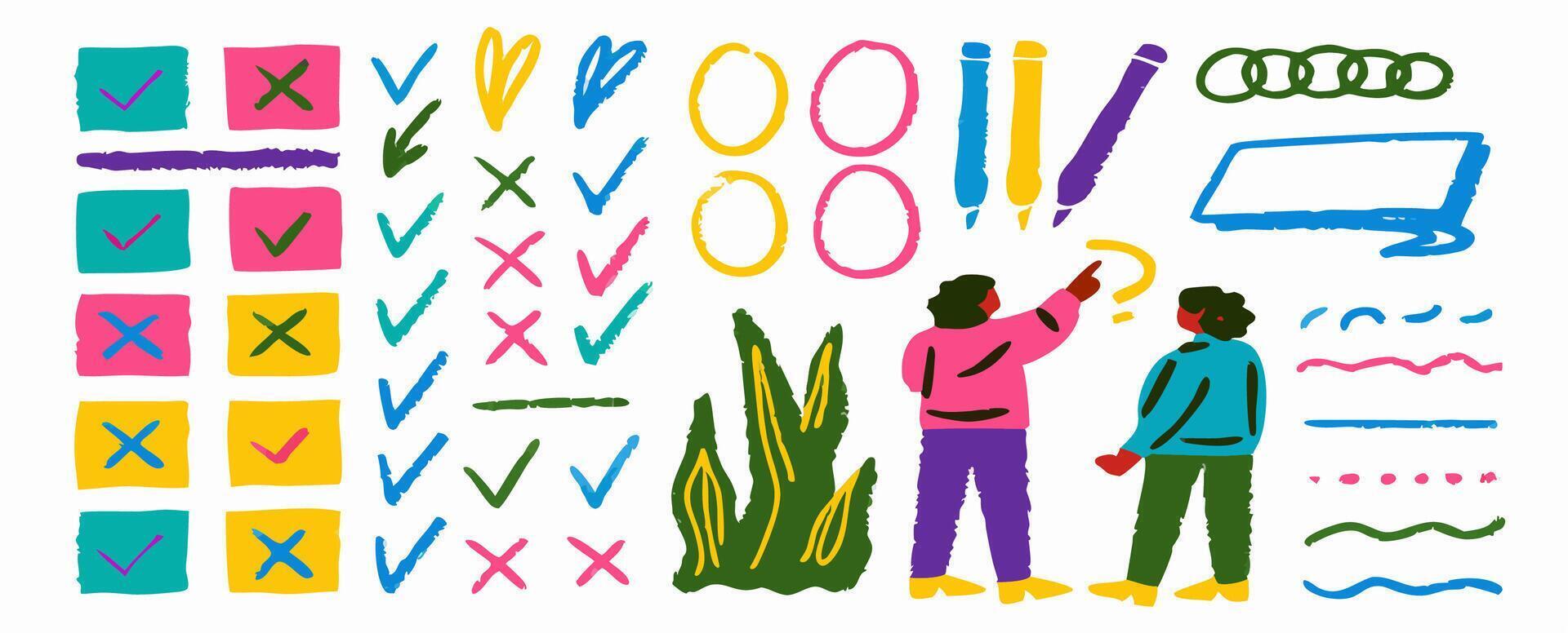 Colorful Checkmarks, X Marks, and Doodle Elements Collaboration and Planning Graphics vector
