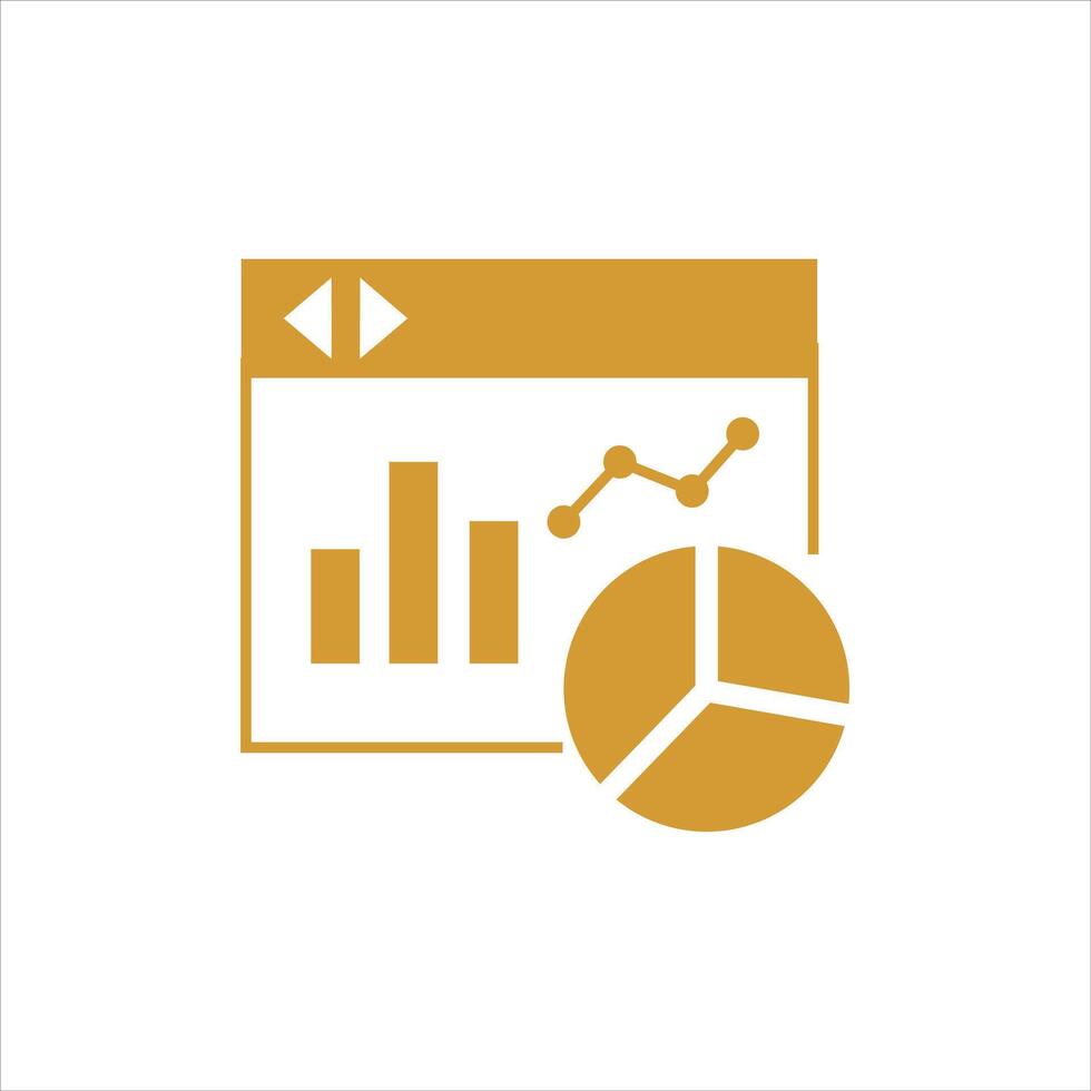 Golden icon of analytics dashboard with bar chart, pie chart, and line graph representing business data vector
