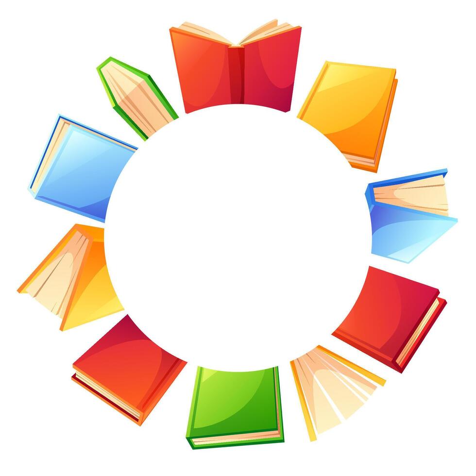 A template featuring a round frame of colorful books with empty space for text. Colorful textbooks in various positions. Concept for book sales, book forums, libraries, bookstores, back to school.. vector
