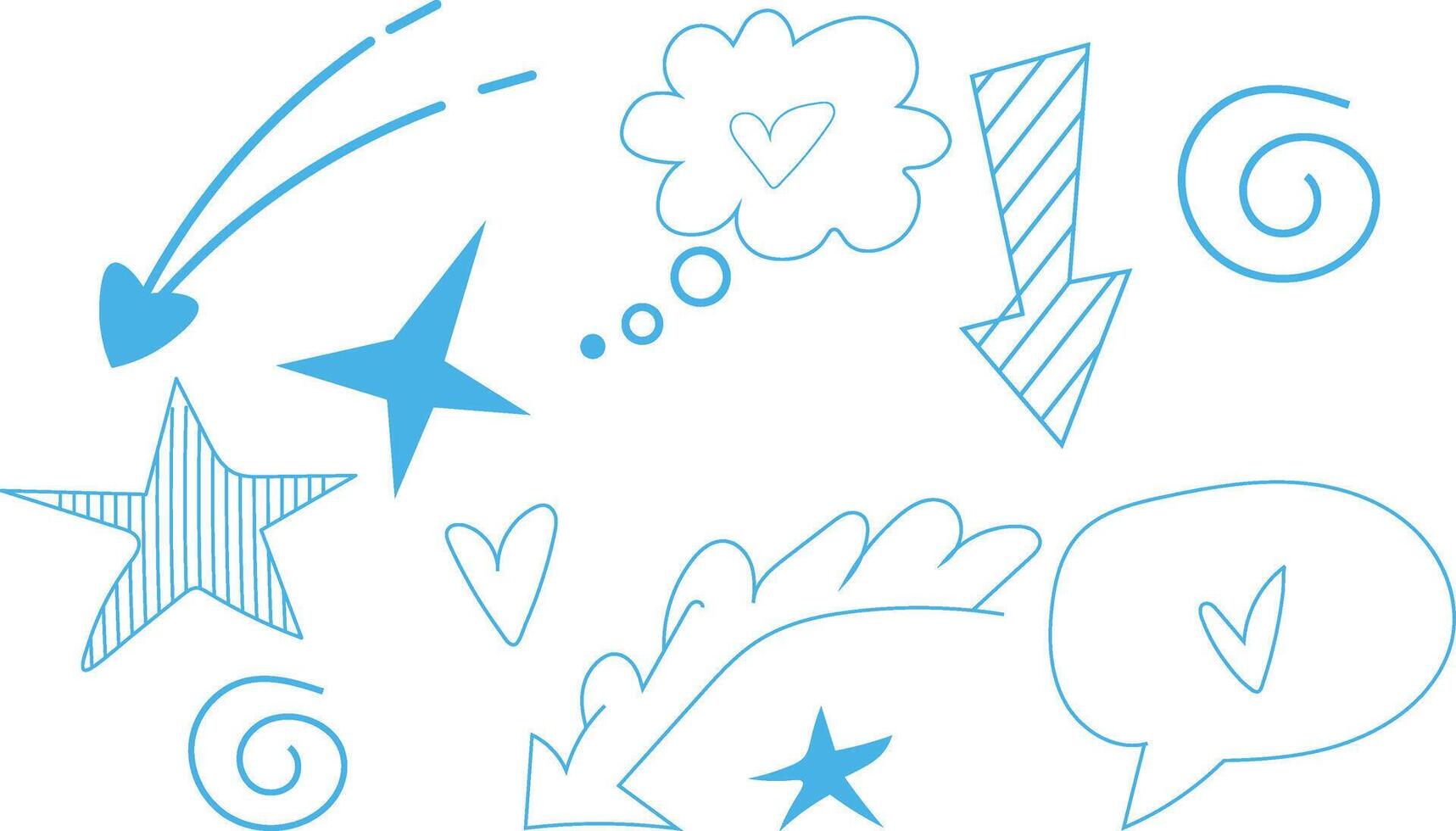 Many light blue sketched design elements are scattered randomly across the white background in this image vector